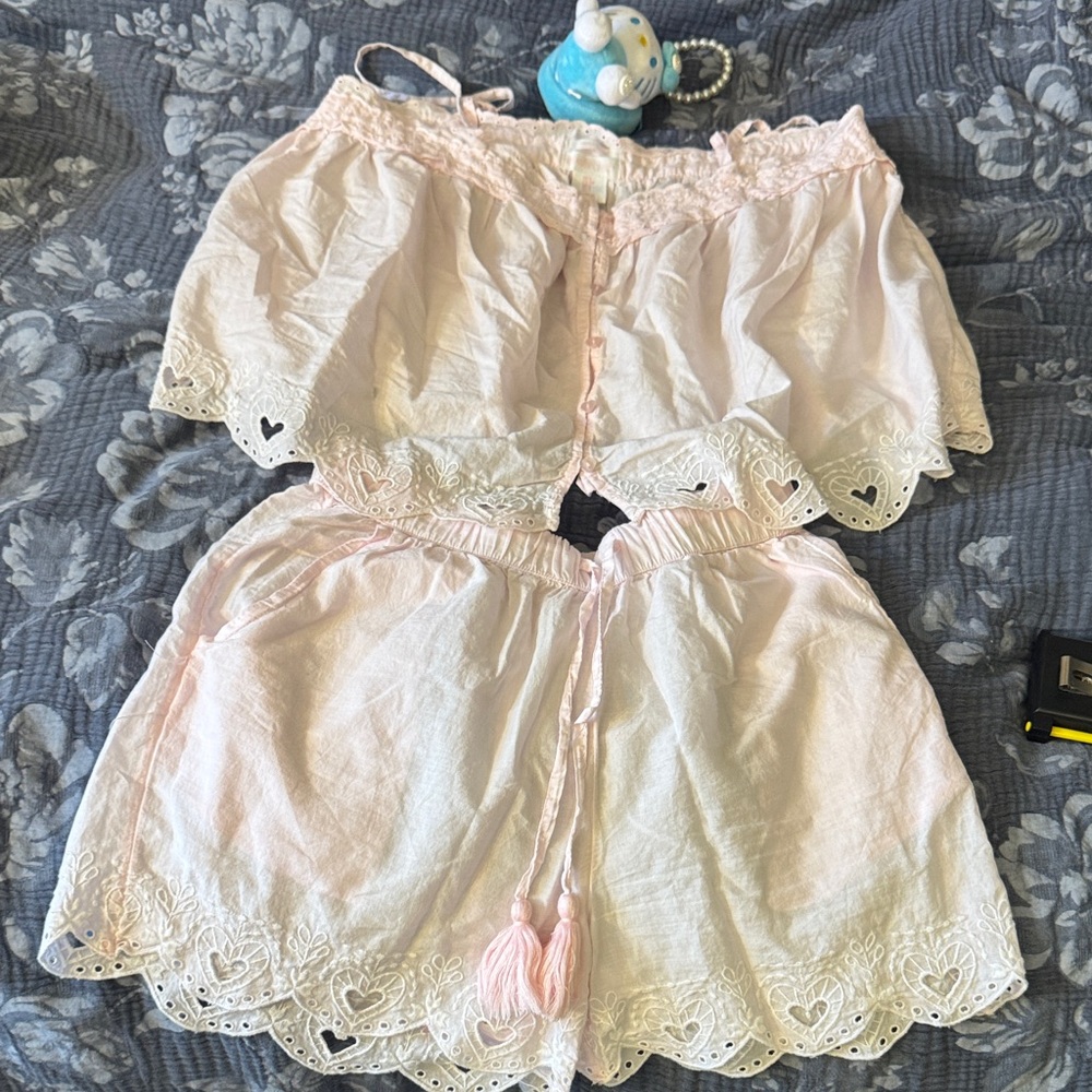 Shabby Chic 100% Cotton Pink Lace Trim Two-Piece Pajama Set Size Small